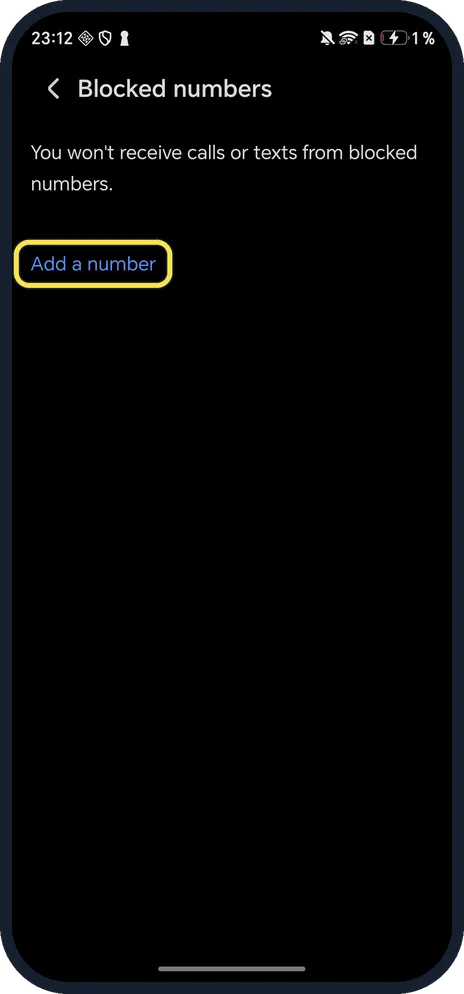 Android screenshot: Tap Add a number