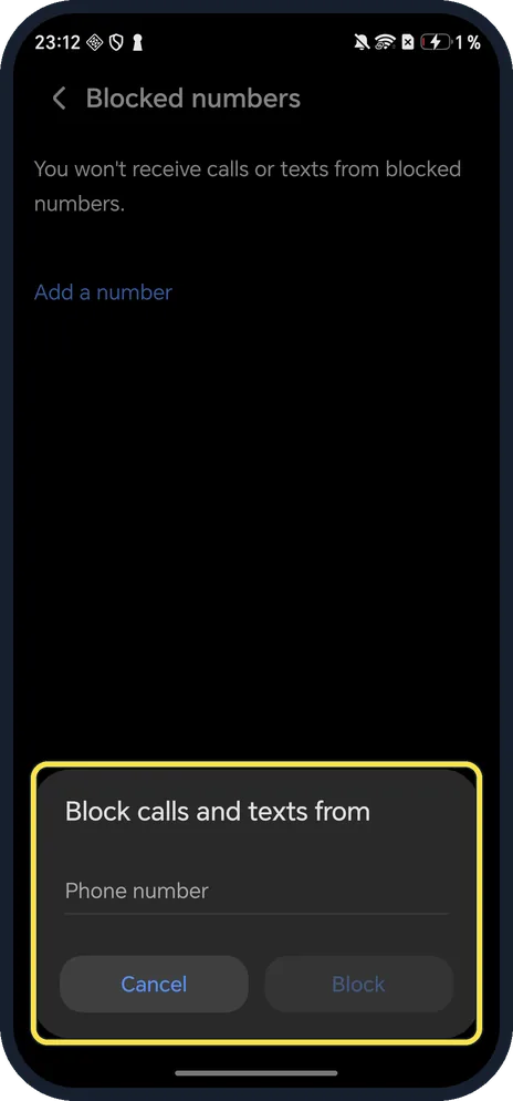 Android screenshot: Type the number and tap Block