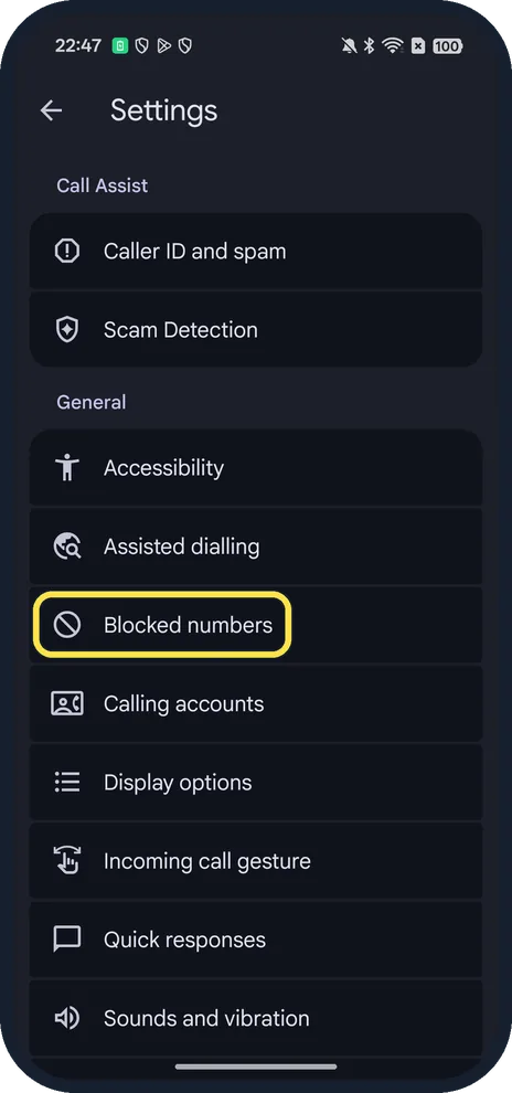 Android screenshot: Tap Blocked numbers