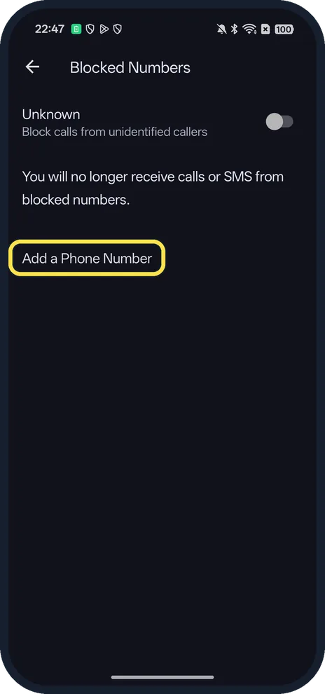 Android screenshot: Tap Add a Phone Number