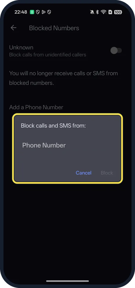 Android screenshot: Type the number and tap Block