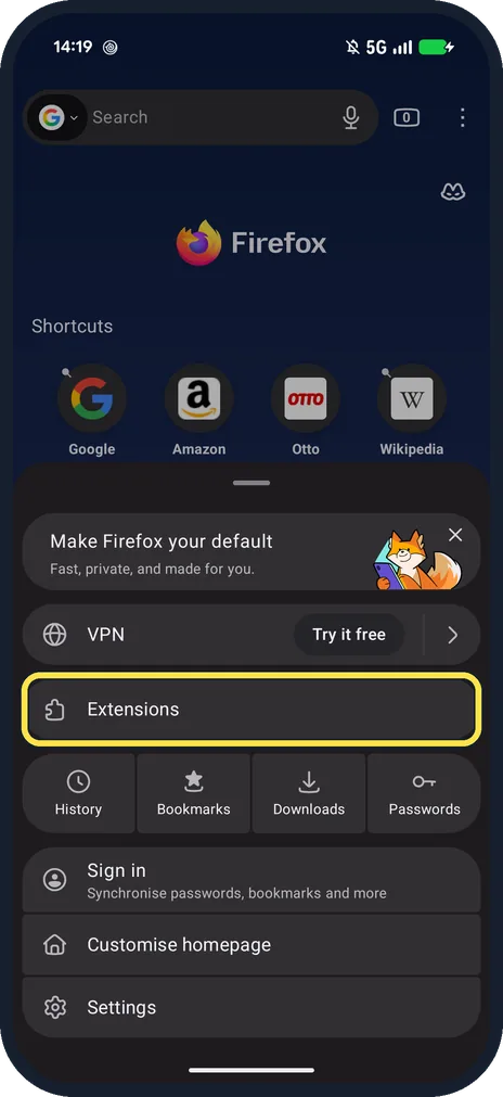 Android screenshot: Tap the three dots, then Extensions