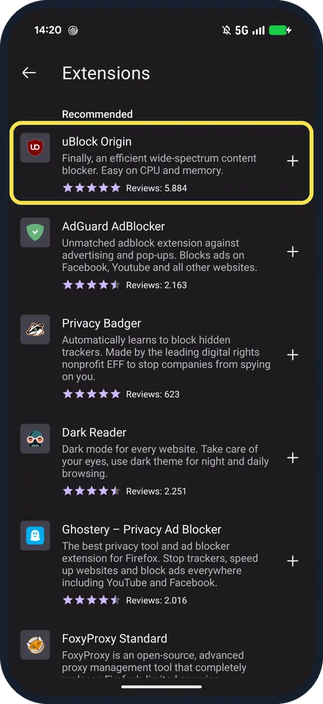 Android screenshot: Tap + next to uBlock Origin