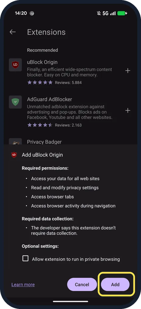 Android screenshot: Check the permissions and tap Add