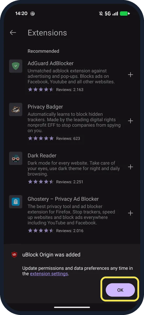 Android screenshot: Tap OK