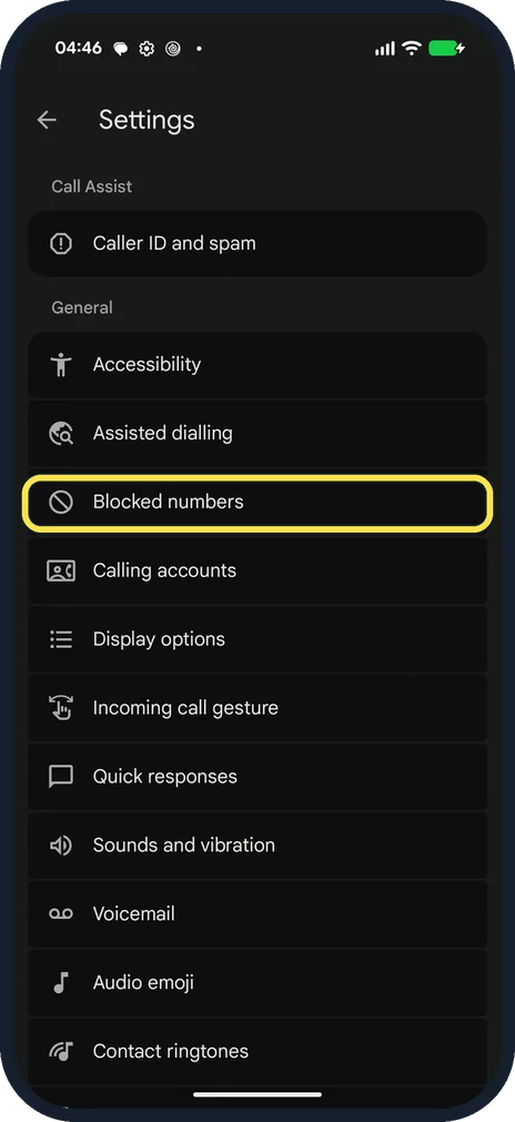 Screenshot from the guide: How to block numbers and spam calls on a Google Pixel (Android 17)