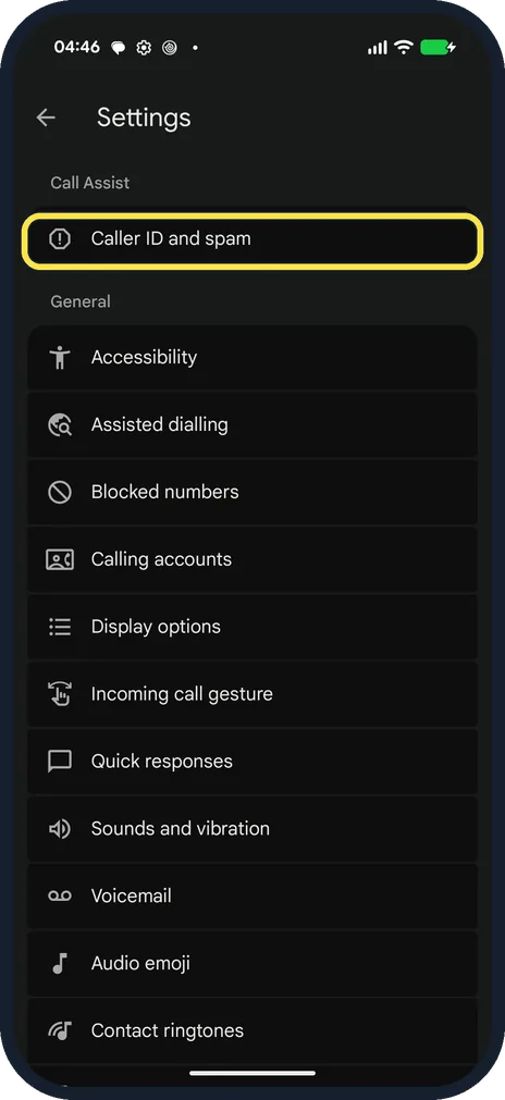 Android screenshot: Open Caller ID and spam