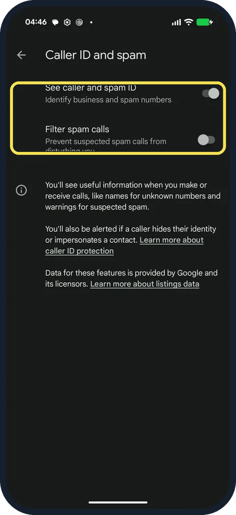 Android screenshot: Check Filter spam calls