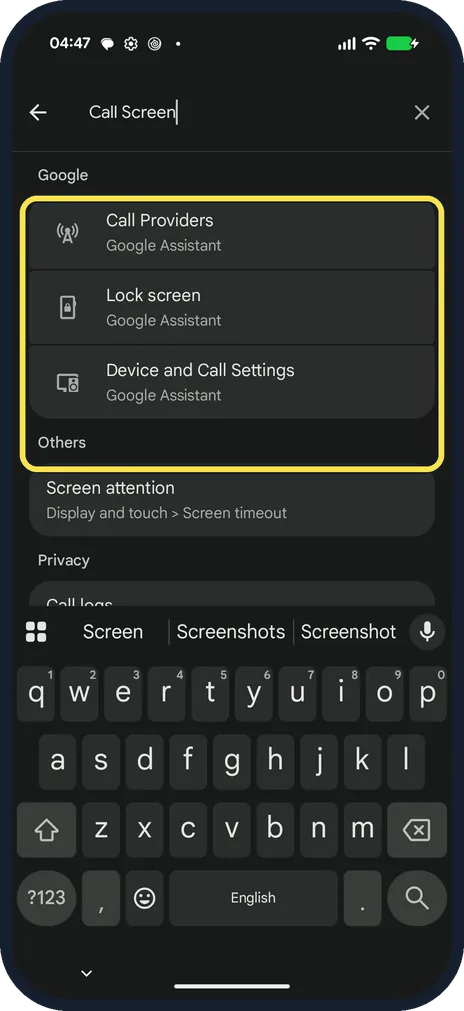 Android screenshot: Look for Call Screen