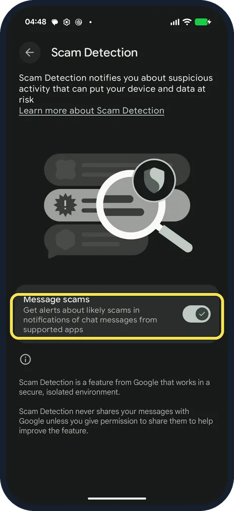 Android screenshot: Check message Scam Detection