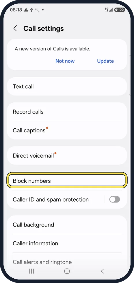 Android screenshot: Tap Block numbers