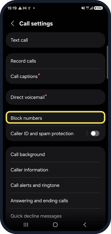 Android screenshot: Tap Block numbers