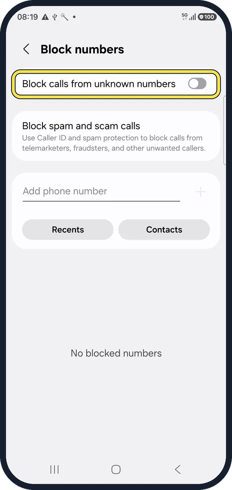Android screenshot: Block unknown numbers