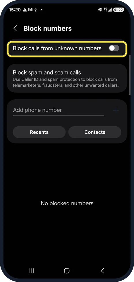 Android screenshot: Block unknown numbers