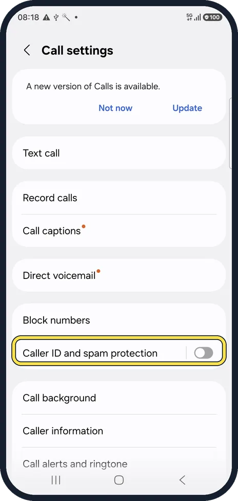 Android screenshot: Turn on Caller ID and spam protection