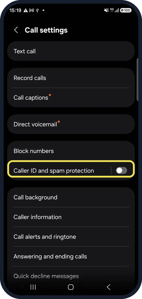 Android screenshot: Turn on Caller ID and spam protection