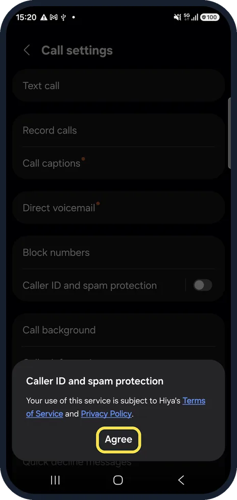 Android screenshot: Read the Hiya terms