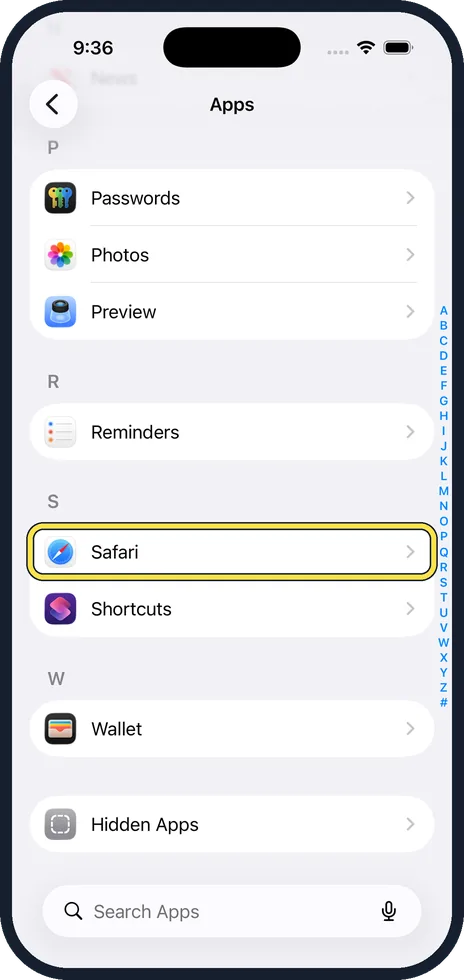 iPhone screen: Tap Safari
