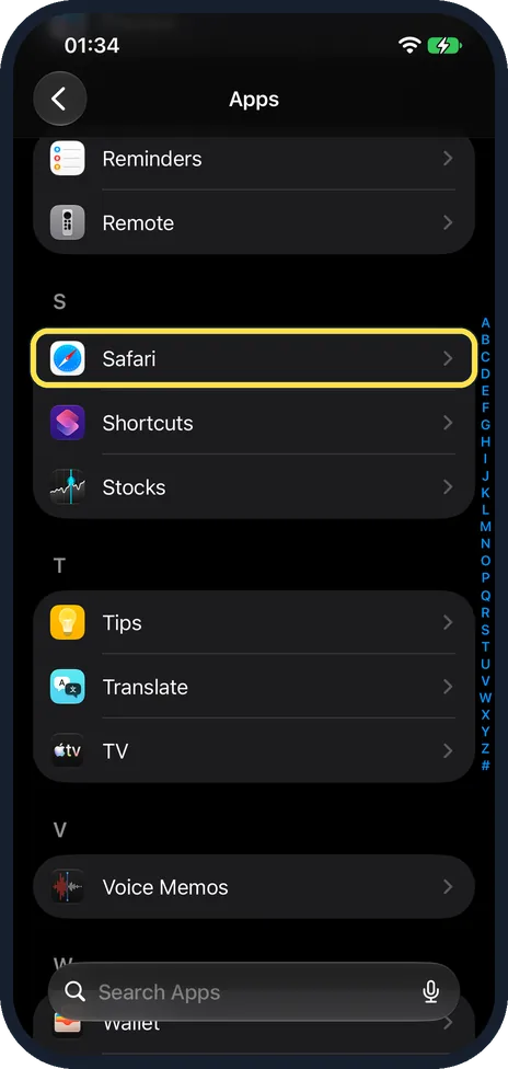iPhone screen: Tap Safari