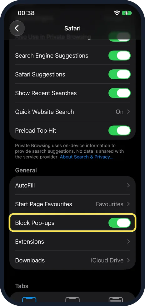 iPhone screen: Switch on Block Pop-ups