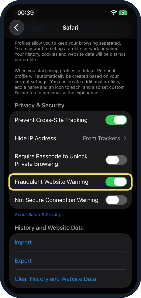 iPhone screen: Switch on Fraudulent Website Warning