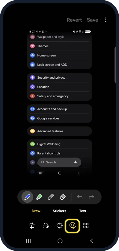 Android screenshot: Tap the smiley face (Decorations)