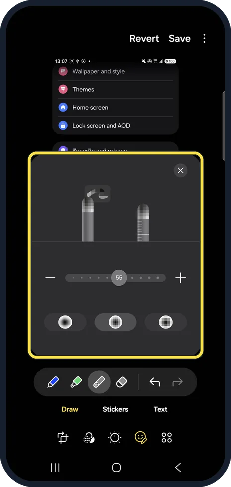 Android screenshot: Set size and style (optional)