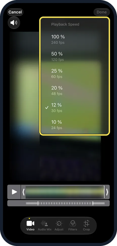 iPhone screen: Tap Playback Speed