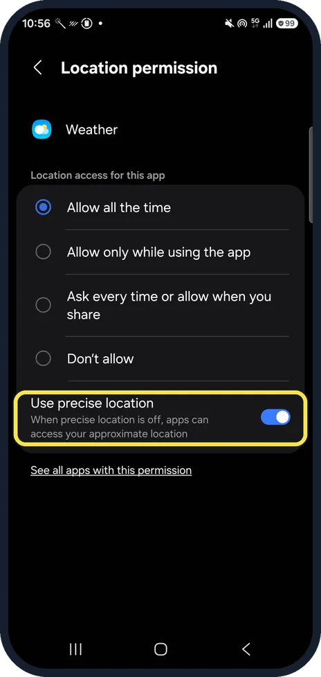Android screenshot: Check precise location