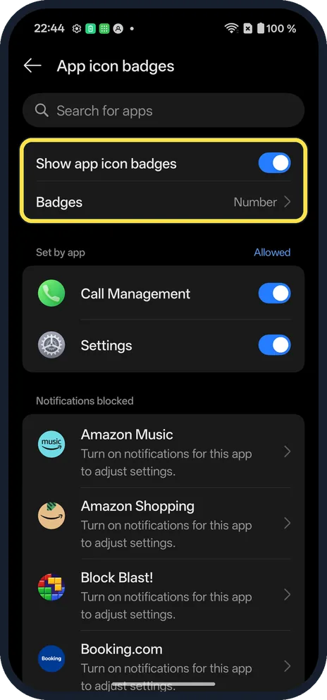 Android screenshot: Turn badges on or off