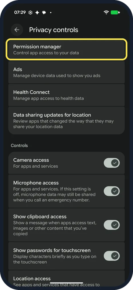 Android screenshot: Open Permission manager