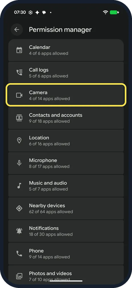 Android screenshot: Pick a permission