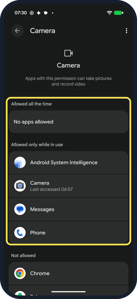 Android screenshot: See who is allowed