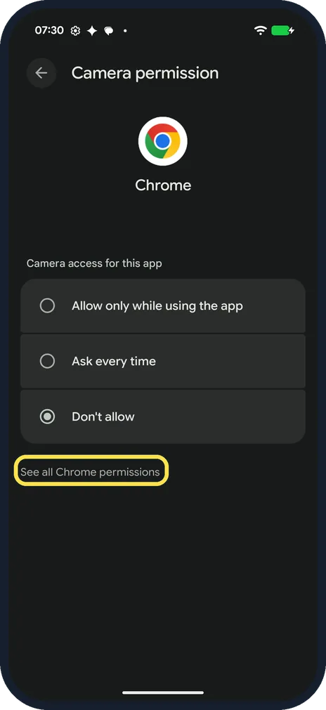 Android screenshot: See all of one app's permissions
