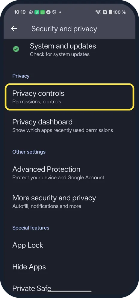 Android screenshot: Open Privacy controls