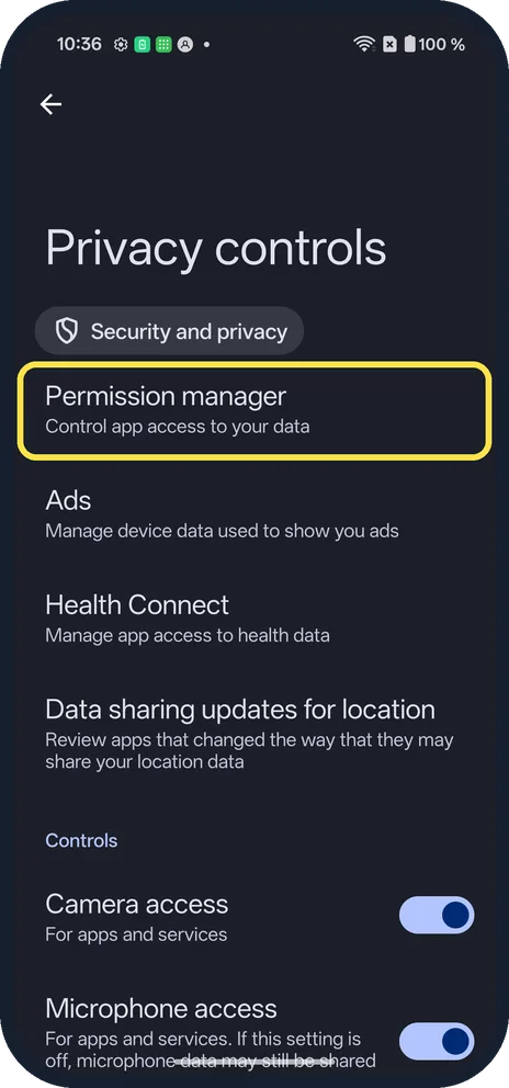 Android screenshot: Tap Permission manager