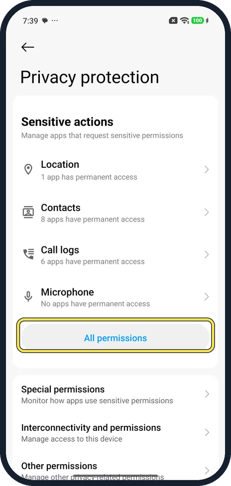 Android screenshot: Tap All permissions