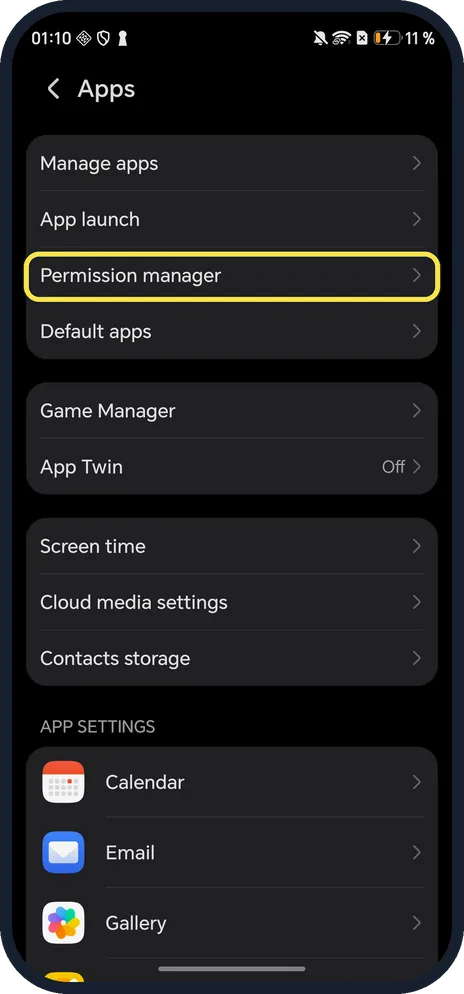 Android screenshot: Tap Permission manager