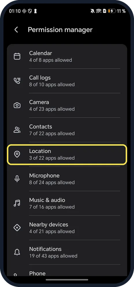 Android screenshot: Tap a permission