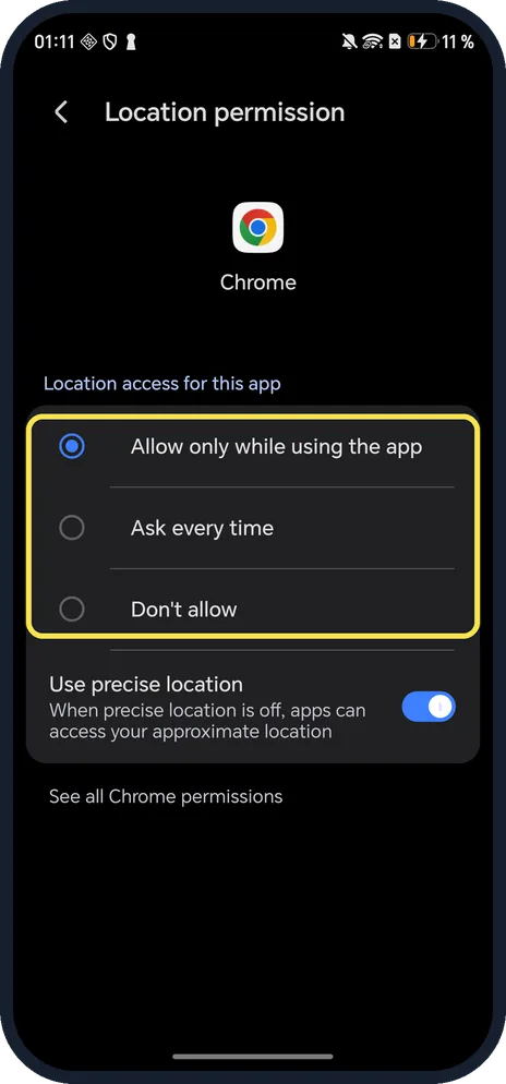 Android screenshot: Choose the access