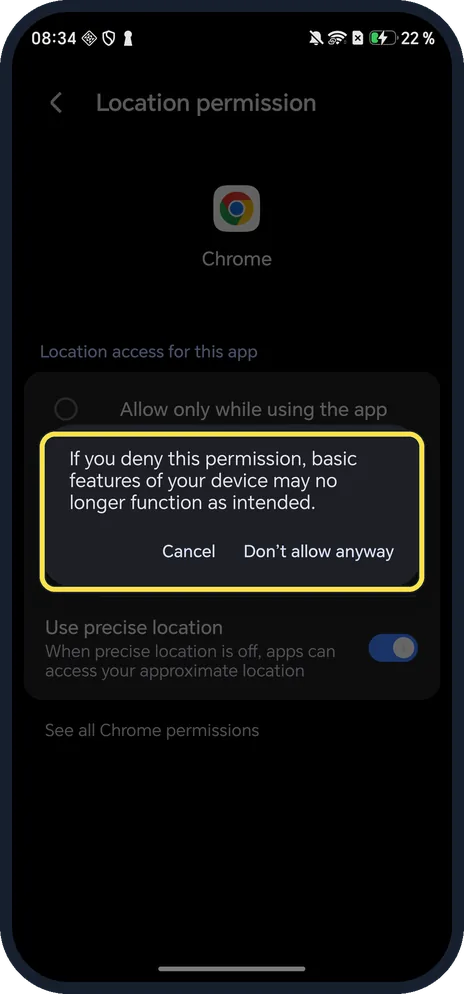 Android screenshot: Confirm Don't allow