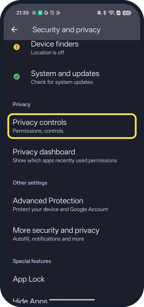 Android screenshot: Tap Privacy controls
