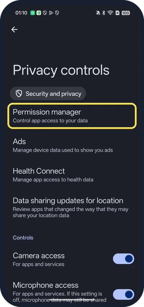 Android screenshot: Tap Permission manager