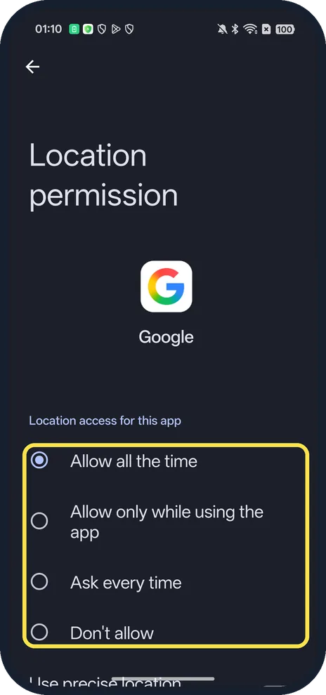Android screenshot: Choose the access