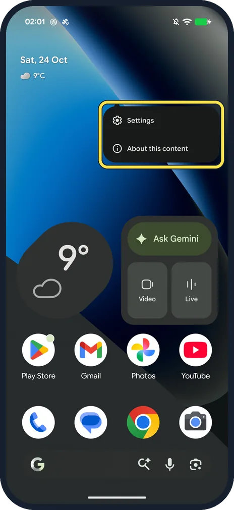 Android screenshot: Tap Settings