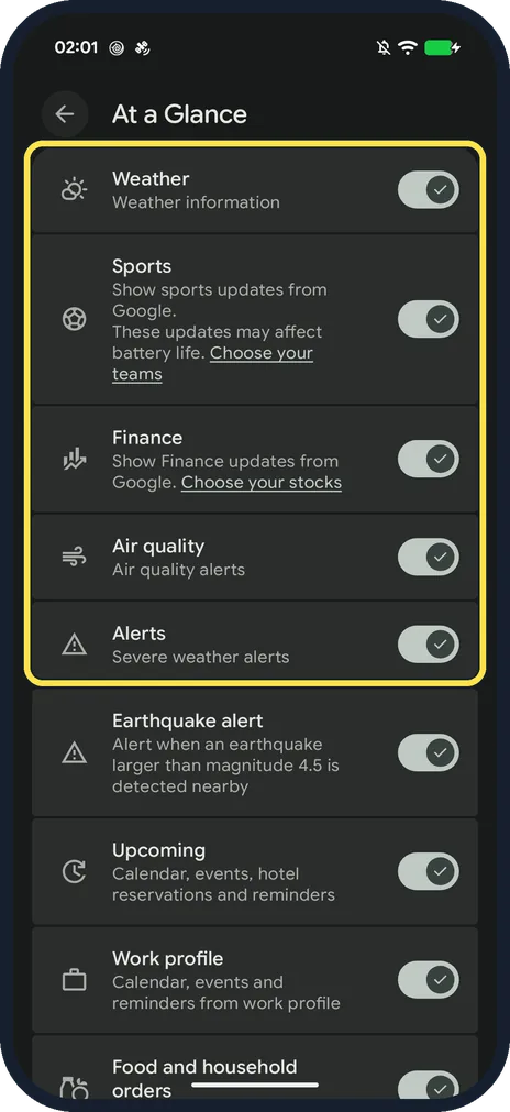 Android screenshot: Turn topics on or off
