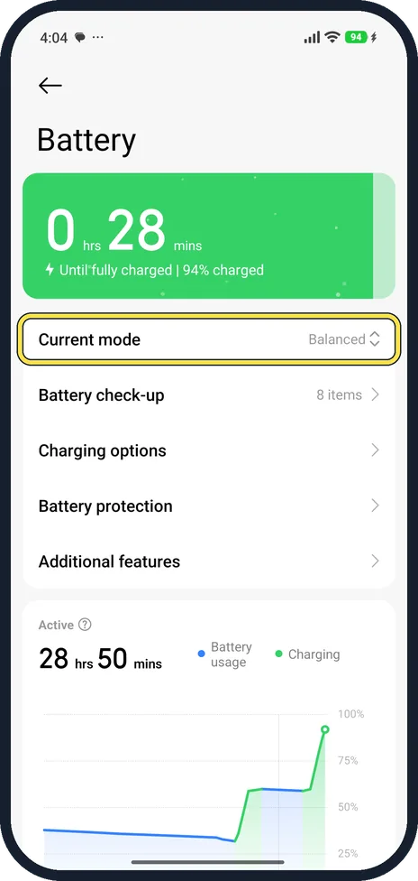 Android screenshot: Open Battery