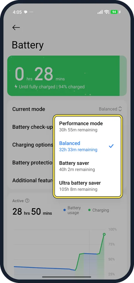 Android screenshot: Choose a mode