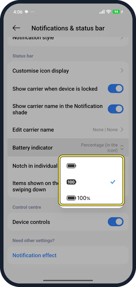 Android screenshot: Show the percentage in the status bar
