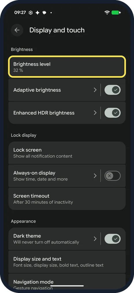 Android screenshot: Tap Brightness level